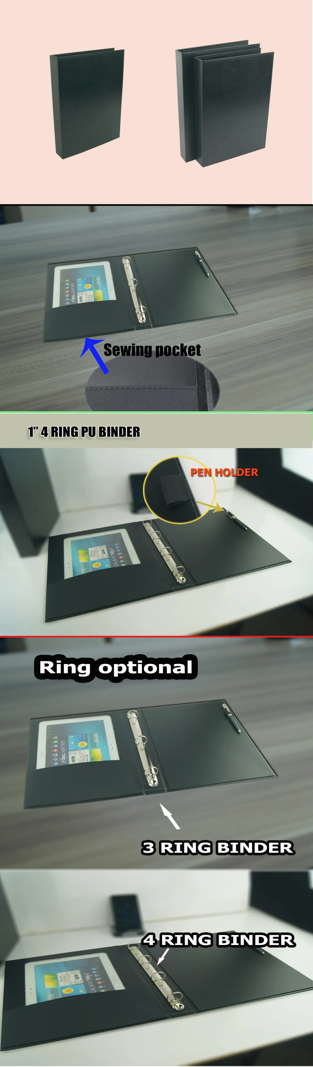 PU de encargo de Logo Leather 3 Ring Binder, negro
